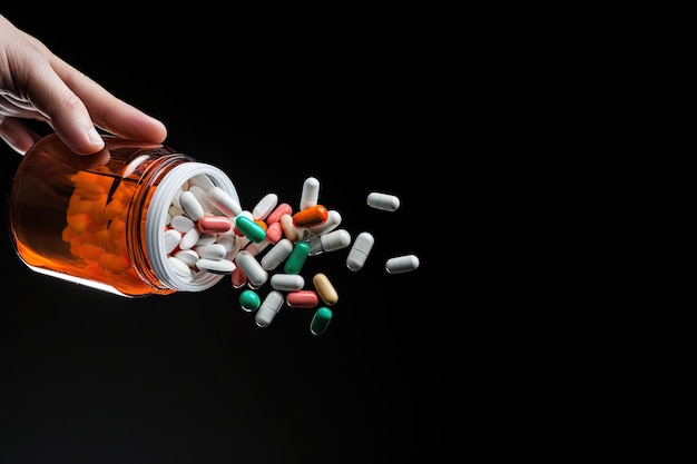 Pills spilling out of pill bottle on black background with copy space Macro shot of pills being poured into a hand from a prescription bottle AI Generated