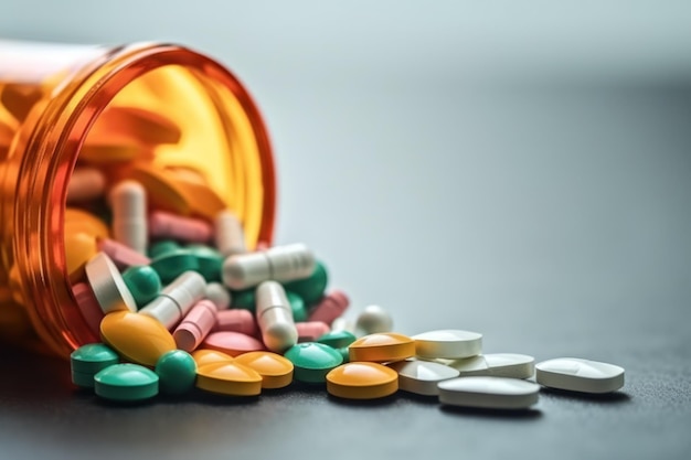 Pills spilling out of pill bottle on table Focus on foreground Pharmacy drugstore concept