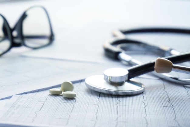 Pills and a stethoscope on the cardiogram close medical concept