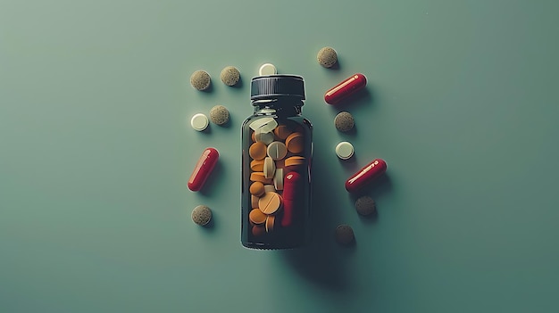 Photo pills tablets capsules bottle green background copy space