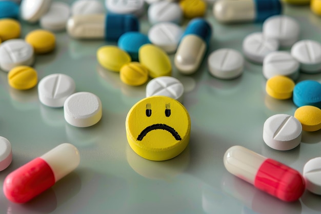 Pills tablets and capsules with sad emoticon on the background antidepressant concept