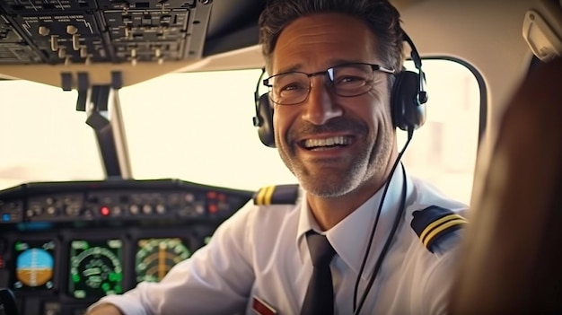 Pilot in cockpit grinning while seeing camera GENERATE AI