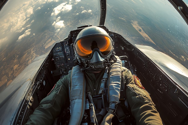 Pilot in the cockpit of a jet fighter looking out the canopy