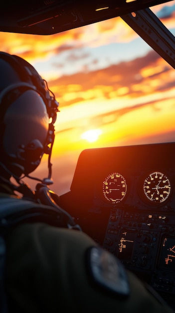 A pilot in the cockpit at sunset showcasing the breathtaking view and intricate details of the helicopter39s instruments