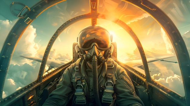 Pilot in Cockpit with Sunset View