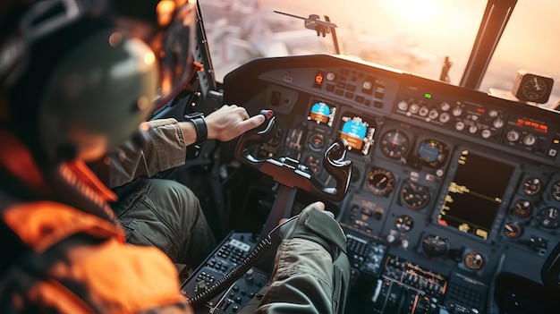 Pilot Focus on a male pilot preparing for takeoff with a cockpit background morning light empty space center for text