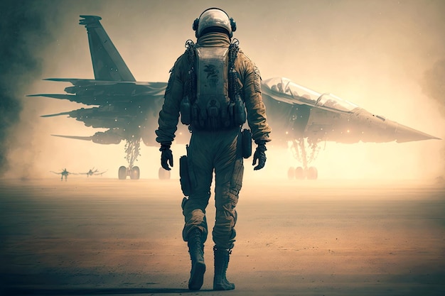 Pilot in helmet and spacesuit goes to his fighter jets