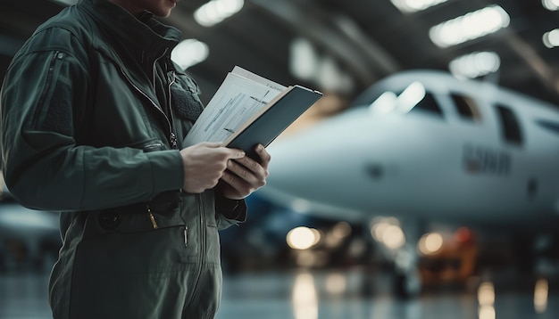 Photo pilot holding flight documents near aircraft in hangar