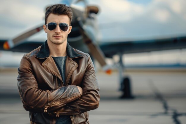 Photo pilot jacket handsome caucasian male model in elegantly stylish leather jacket by airplane