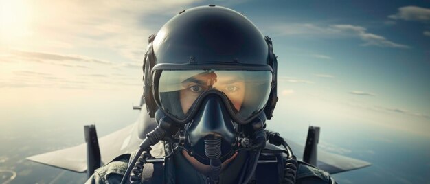 Pilot in mask and helmet in fighter cockpit with copy space