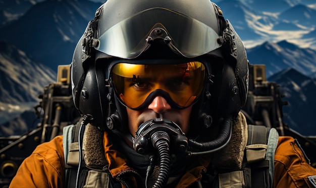 Pilot of a military aircraft wearing helmet and yellow glasses Aviator sitting in the cabin of his jet fighter Close up