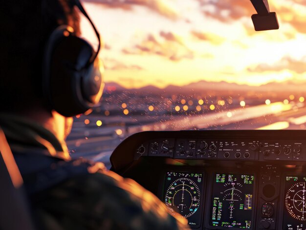 Photo a pilot navigates an aircraft during sunset showcasing the cockpit39s instruments and beautiful sky