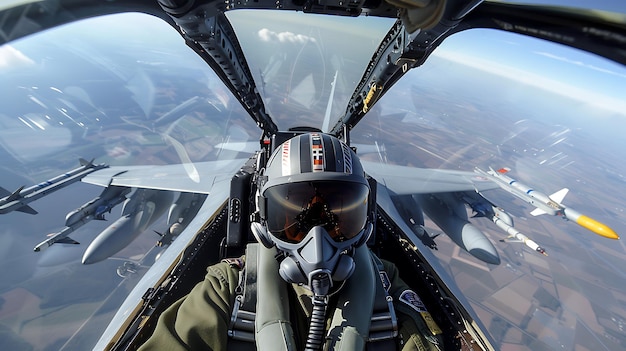 Photo pilot perspective aerial view from fighter jet cockpit amidst airborne squadron