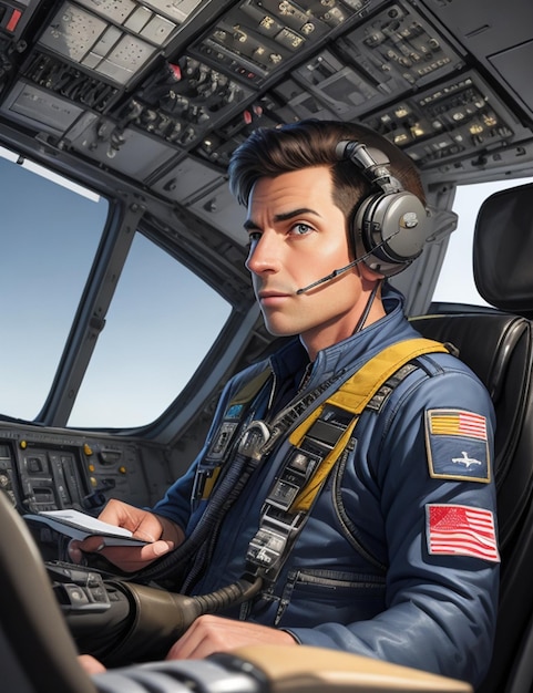 Photo a pilot in a pilots uniform is sitting in a cockpit