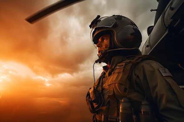 A pilot stands next to a helicopter