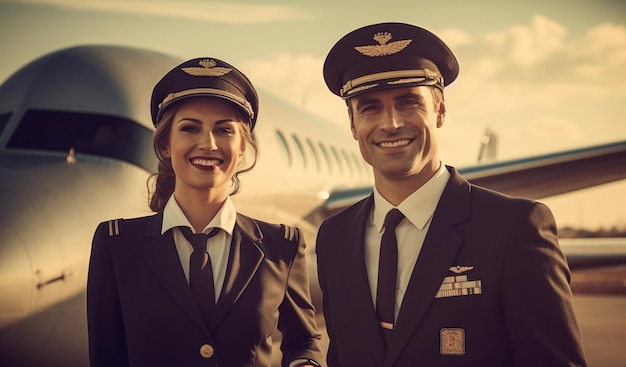 The pilots and crew of a modern airliner smile for a group photo exuding confidence and professionalism Generative AI