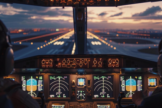 Pilots preparing for takeoff from cockpit at sunset