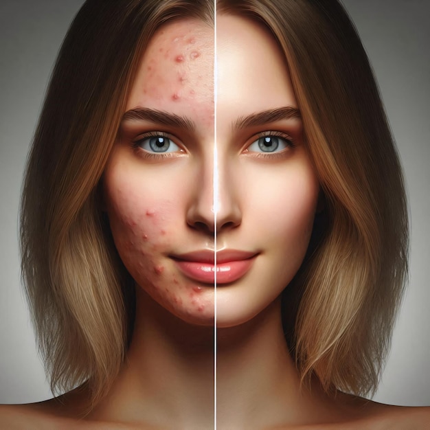 Pimples and acne on beautiful womanface on site and other site fresh clean