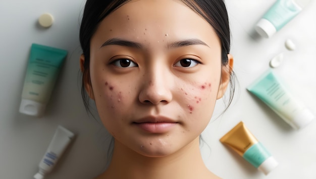 Pimples and acne on the womans face Medicine and cosmetology concept Natural skin