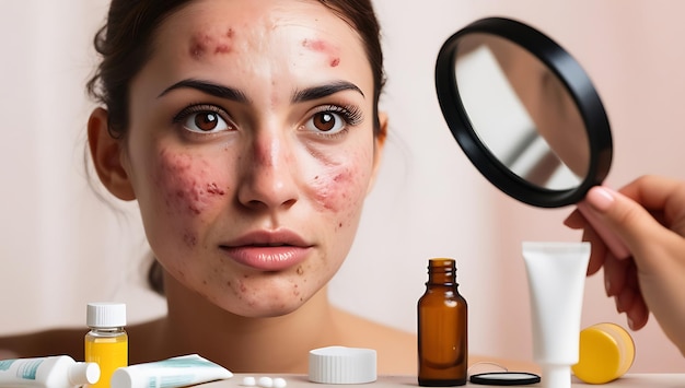 Pimples and acne on the womans face Medicine and cosmetology concept Natural skin