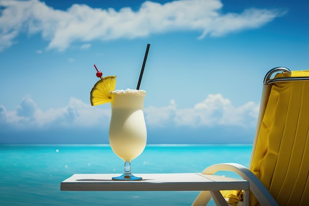 Pina colada cocktail in a glass on a table near a sun lounger on a hot summer day Generative ai