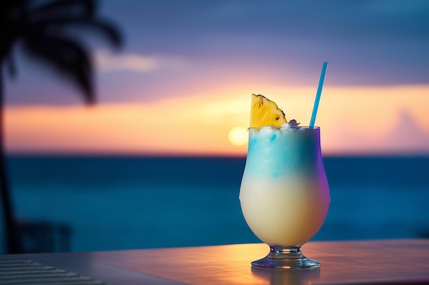 Pina Colada cocktail on sunset tropical scenery background Generative AI illustration