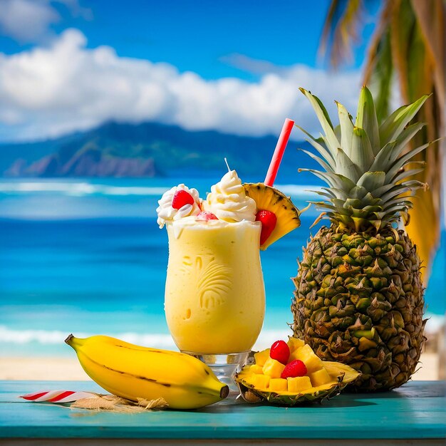 Pina Colada On Tropical Beach With Fresh Pineapple And Banana Generated by AI