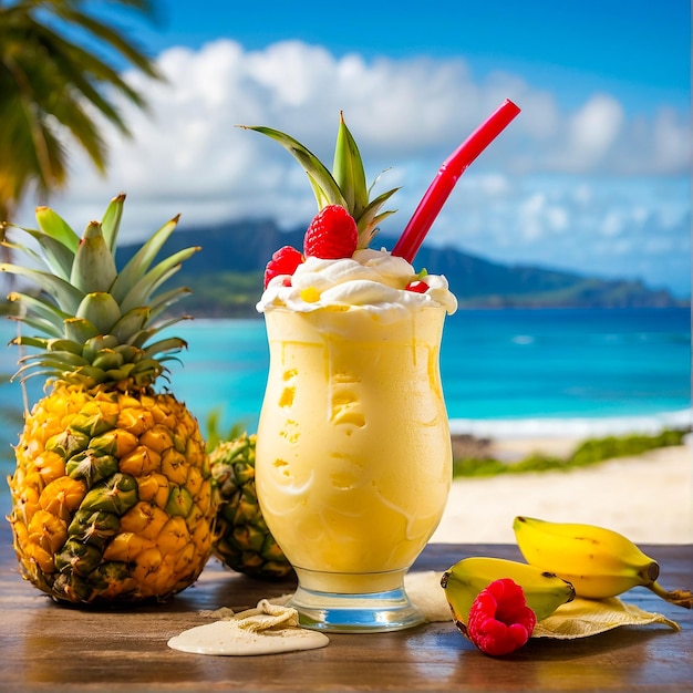 Pina Colada With Ripe Bananas And Fresh Pineapple On Beach Generated by AI