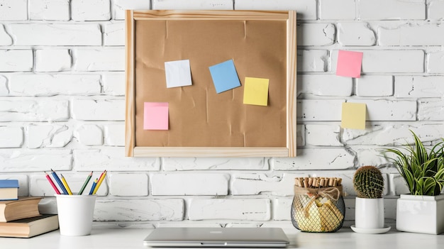 Photo pinboard with sticky notes near white brick wall