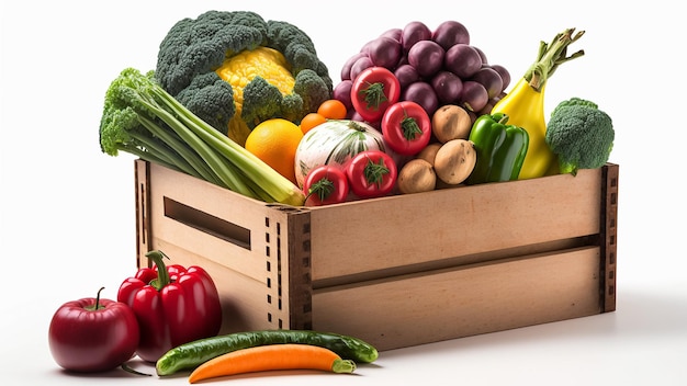 Pine box full of colorful fresh vegetables and fruits on a white background, 3d rendering