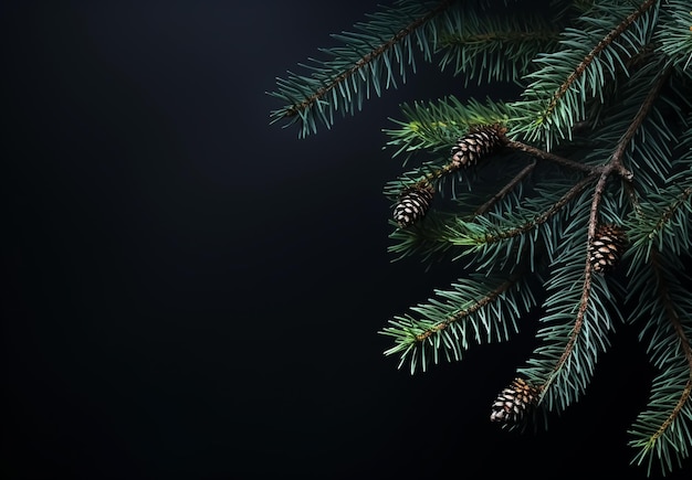 Photo pine branch on a black minimalist surface reflective background