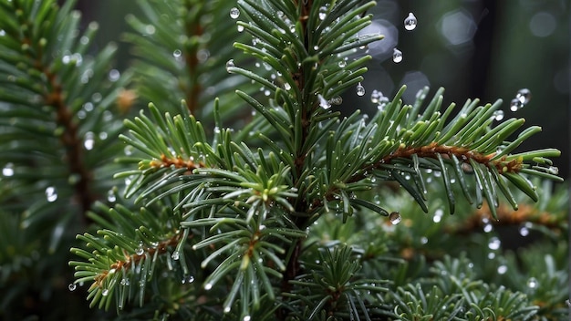 Pine branch with raindrops close up