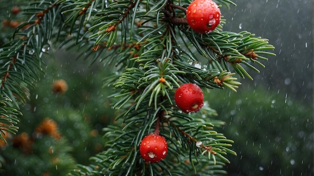 Pine branch with raindrops close up