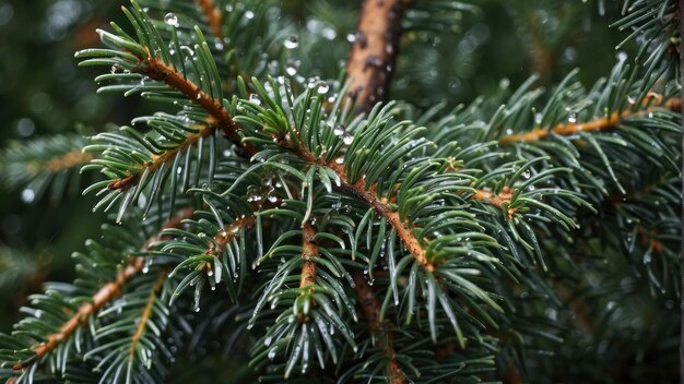 Pine branch with raindrops close up