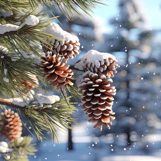 Pine branches covered with snow on a cold winter day Christmas background