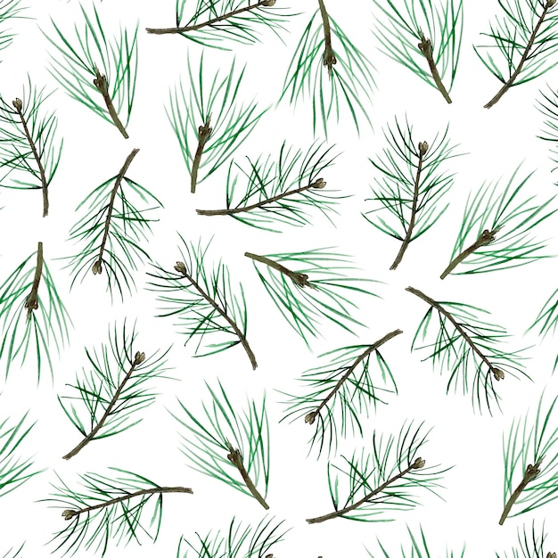 Pine branches and needles watercolor seamless pattern