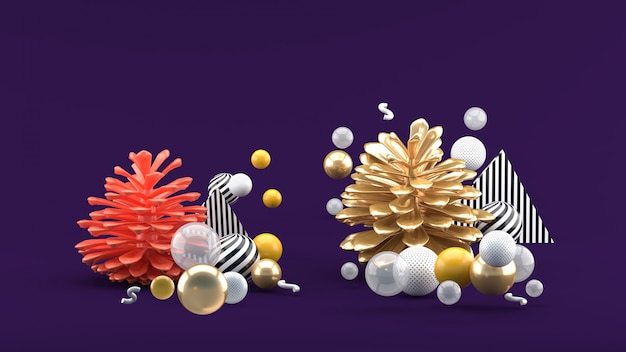 The pine cone among the colorful balls on the purple space