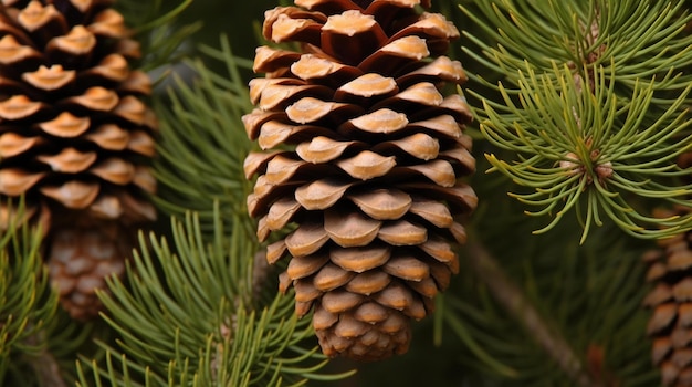 A pine cone hangs from a branch of a tree.