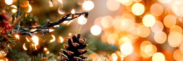 Photo a pine cone hangs from a tree with lights behind it