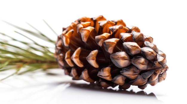 A pine cone is laying on a white surface.