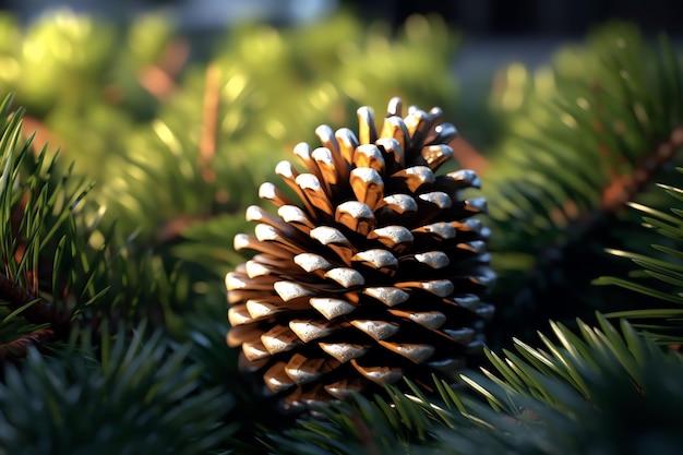 A pine cone sits in a green plant.