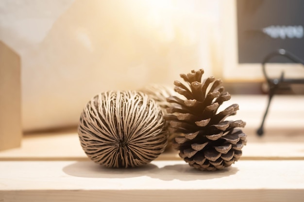 Pine cone on a wooden table with sunlight on blur background. Summer season.