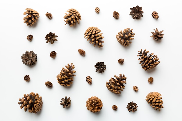 Pine cones on colored table. natural holiday background with pinecones grouped together. Flat lay. Winter concept