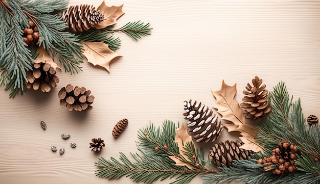 Pine cones and pine cones on a wooden background