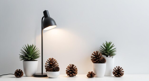 Photo pine cones on a table with a lamp and a plant