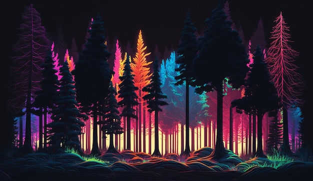 Pine forest illustration with neon glow and vivid