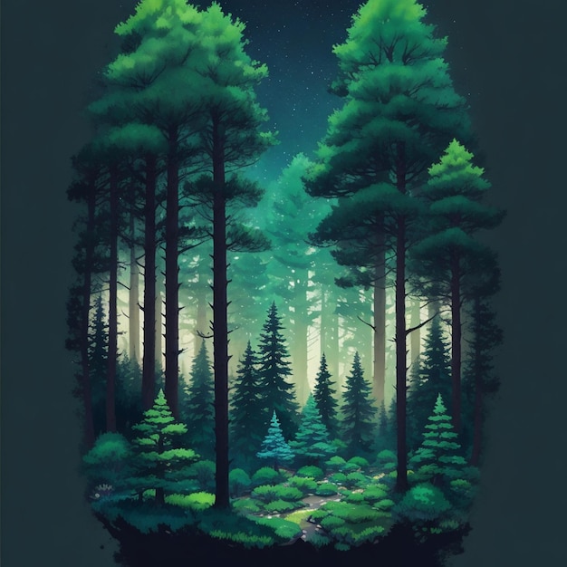 A pine forest landscape magic tshirt design vibrant pale green colors dark background dark ma