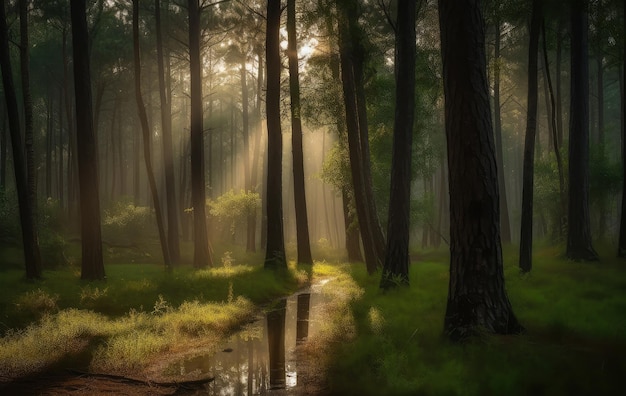 Pine forest meandering stream deer between trunks Play of light and shadow generative IA