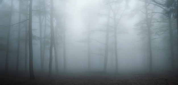 The pine forest was full of smoke scary mystery Big tree surrounded by fog in winter 3D illustration