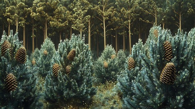 Photo pine forest with golden cones a realistic illustration